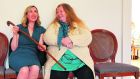 Ailbhe Ní Ghearbhuigh receiving Parnell’s walking stick from Nuala Ní Dhomhnaill in 2017. For decades, it has been proudly passed from one generation of Irish writers to the next. Photograph: Nick Bradshaw