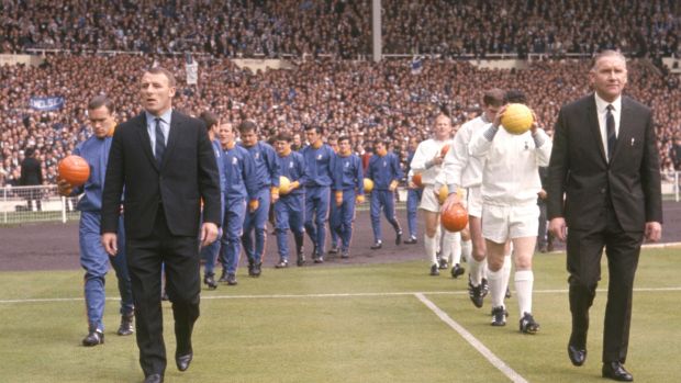 Chelsea boss Tommy Docherty and Spurs manager Bill Nicholson lead their sides out ahead of the 1967 FA Cup final. Photograph: PA