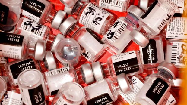Used vials of the Pfizer-BioNtech Covid-19 vaccine at a large vaccination centre in Tel Aviv. Photograph: Jack Guez/AFP via Getty