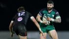 Sammy Arnold of Connacht runs at Ulster’s Stewart Moore during the Guinness Pro 14 game at the Sportsground. Photograph: James Crombie/Inpho