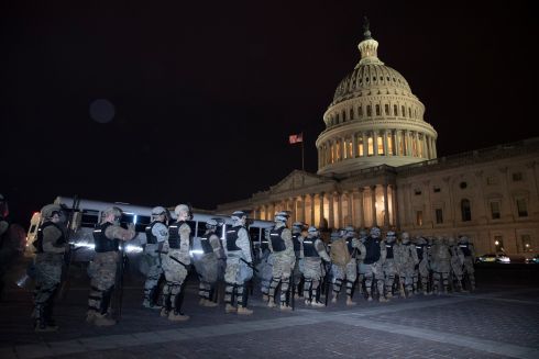 The National Guard arrives at the East Front of the US Capitol after pro-Trump rioters stormed the grounds. Photograph: Michael Reynolds/EPA
