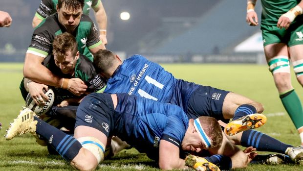 Jack Carty scores a try during Connacht’s win over Leinster. Photograph: Dan Sheridan/Inpho