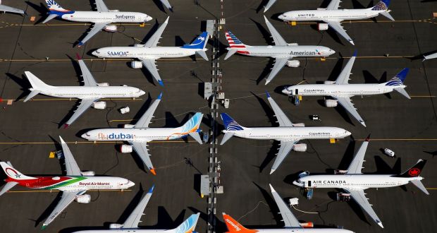Grounded Boeing 737 MAX aircraft are seen parked in an aerial photo at Boeing Field in Seattle, Washington.