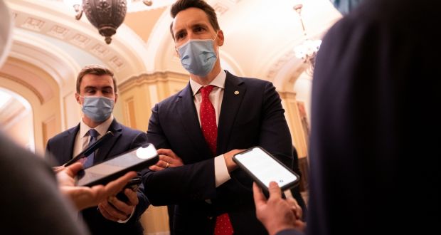 Senator Josh Hawley, a Republican from Missouri, speaks to the media in the US Capitol early on Thursday. Photograph:  Erin Scott/Bloomberg