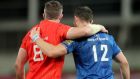 Munster’s Peter O’Mahony and Robbie Henshaw after their clash in September at the Aviva Stadium. Photograph: James Crombie/Inpho