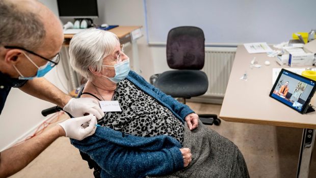 Jytte Margrete Frederiksen (83) is one of the first Danes vaccinated against Covid-19, in Ishoj, Denmark, on December 27th, 2020. Photograph: Mads Claus Rasmussen/AFP via Getty Images