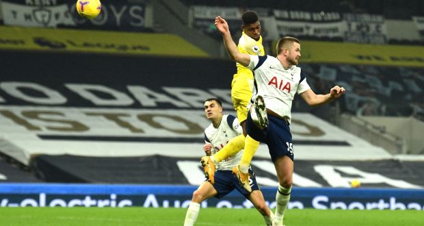  Ivan Cavaleiro heads home Fulham’s equaliser  under pressure from Eric Dier of Tottenham Hotspur during the Premier League match at Tottenham Hotspur Stadium. Photograph:  Glyn Kirk/Getty Images