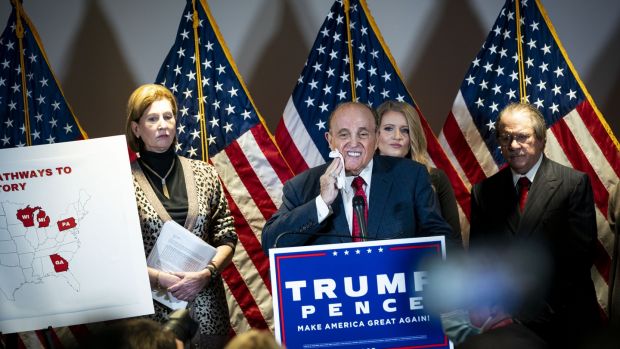 Rudy Giuliani at a press conference about Donald Trump’s legal challenges to his election loss to Joe Biden, on November 19th, 2020. Photograph: Al Drago/Bloomberg