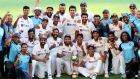  India celebrate winning the Border-Gavaskar Trophy on day five of the fourth Test match against  Australia  at the Gabba in Brisbane. Photograph: Darren England/EPA