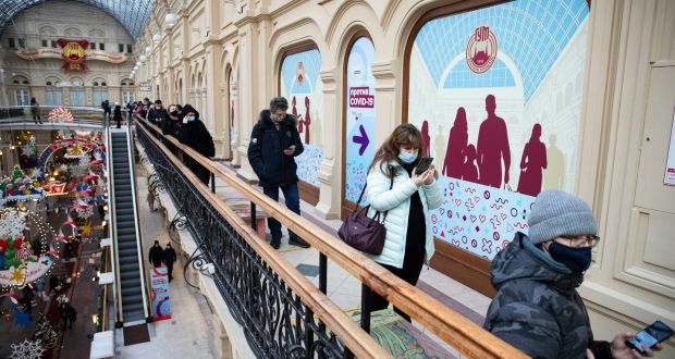 People  queue to get  Russia’s Sputnik V coronavirus vaccine in a vaccination centre in the GUM State Department store in Moscow on Wednesday. Photograph: AP