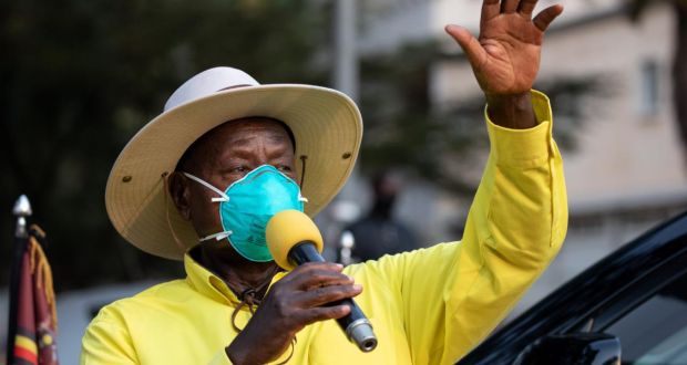 Uganda’s president Yoweri Museveni stops to speak to supporters as he heads back to his residence in Kampala on Thursday, after being declared the winner in last week’s election. Photograph: Luke Dray/Getty Images