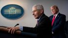 Dr Anthony Fauci  and former president Donald Trump during the daily White House coronavirus briefing  in April last year. Photograph: Doug Mills/The New York Times