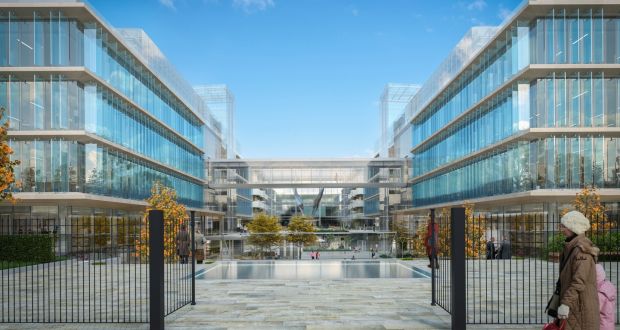 A computer-generated image of RGRE’s Fibonacci Square offices. The scheme forms part of Facebook’s new European HQ in Ballsbridge, Dublin 4 