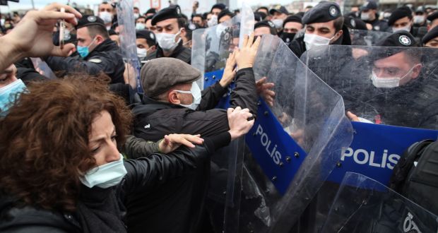Turkish riot police clash with protesters opposed to  Turkish president Erdogan’s appointment of party member Melih Bulu as the new rector of Bogazici University in Istanbul.  Photograph: Tolga Bozoglu/EPA