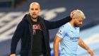 Manchester City manager Pep Guardiola with Sergio Agüero: ‘As the top scorer it is important for us to have him back.’ Photograph: Alex Livesey/PA Wire