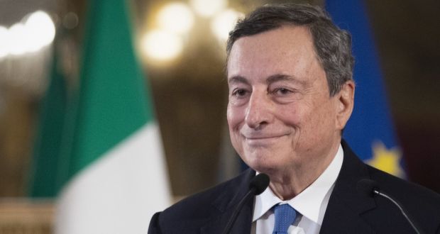Former head of the European Central Bank Mario Draghi looks on at the Quirinal palace after a meeting with the Italian president in Rome on Wednesday. Photograph: Alessandra Tarantino/ AFP via Getty Images