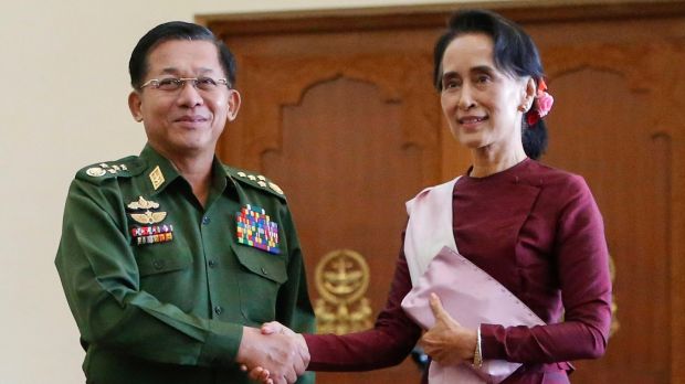 Aung San Suu Kyi with Myanmar military commander-in-chief senior general Min Aung Hlaing in 2015. Photograph: Lynn Bo Bo/EPA
