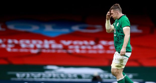  Ireland’s Peter O’Mahony leaves the pitch after receiving a red card. Photograph: Tommy Dickson/Inpho