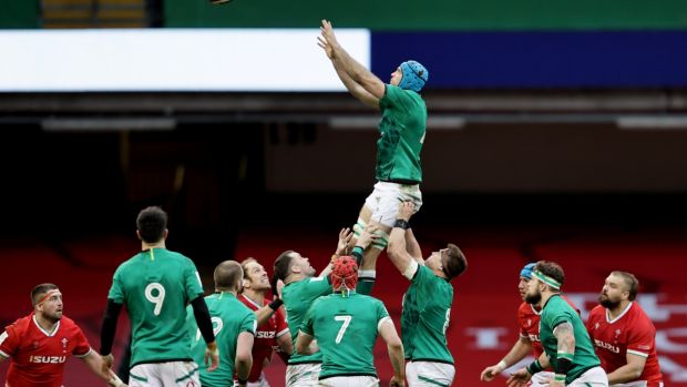 Tadhg Beirne reaches for a lineout during Ireland’s loss in Cardiff. Photograph: Laszlo Geczo/Inpho