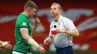 Referee Wayne Barnes shows Ireland flanker Peter O’Mahony a red card during the Six nations game against Wales at the Principality Stadium  in Cardiff. Photograph: David Rogers/Getty Images