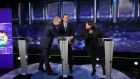 Fianna Fáil leader Micheál Martin shakes hands with Sinn Féin president Mary Lou McDonald as Fine Gael leader Leo Varadkar looks on at the final TV leaders’ debate at the RTE studios in Donnybrook in February 2020. Photograph: Niall Carson/PA Wire 