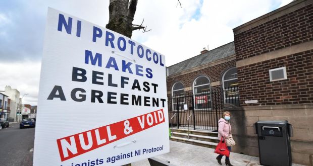 A sign protesting against the Northern Ireland  Protocol is seen in Larne town centre. Photograph:  Charles McQuillan/Getty Images
