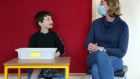 Teacher Linda Ward Hanlon with seven-year-old Charlie Carr. Photograph: Joe O’Shaughnessy/The Irish Times