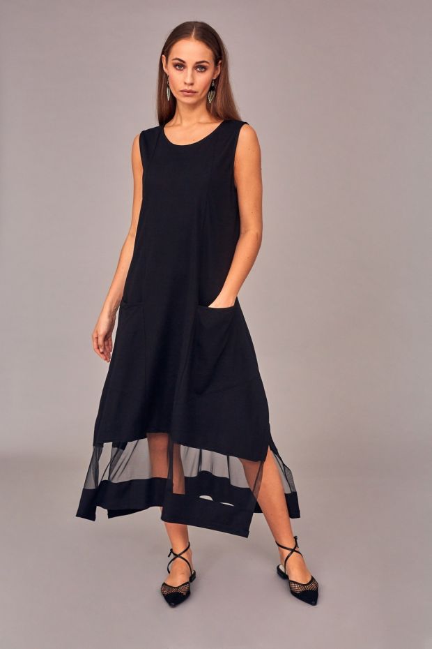 Longline black dress with net panel €129