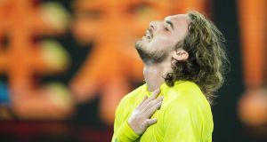Stefanos Tsitsipas reacts after defeating Rafael Nadal. Photograph: Dave Hunt/EPA