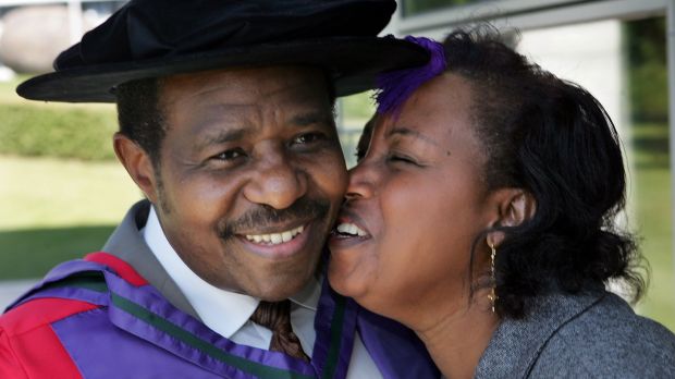 Paul Rusesabagina with his wife Tatiana after he was conferred with an honorary Doctor of Laws at a ceremony in O’Reilly Hall, UCD, Dublin, in June 2006. Photograph: Matt Kavanagh/The Irish Times