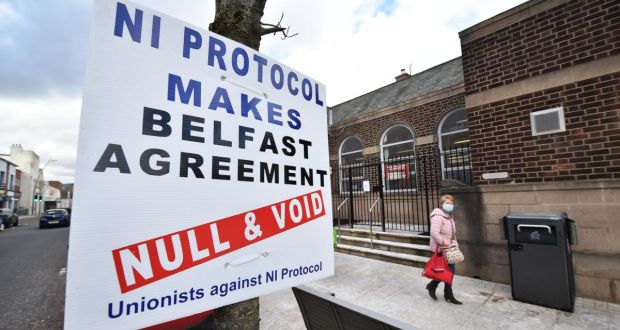 A unionist sign protesting against the Northern Ireland protocol is seen in Larne town centre. Photograph: Charles McQuillan/Getty Images