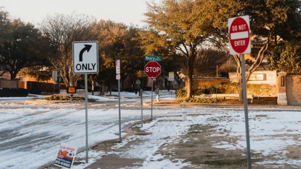 The corner of Clark Parkway and Yeary Road in Plano, Texas, where Bob Manus worked as a crossing guard. He died of the coronavirus in January. Photograph: Zerb Mellish/New York Times