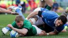Keith Earls goes over for Ireland’s third try in the 2019 Six Nations game against Italy at the Stadio Olimpico in Rome. Photograph: Billy Stickland/Inpho