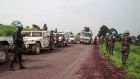 In an image from video, United Nations peacekeepers guard the area where the UN convoy was attacked in eastern DRC. Photograph: Justin Kabumba/AP