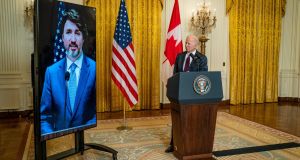 US president Joe Biden and Canadian prime minister Justin Trudeau deliver opening statements via video link in the East Room of the White House, February 23rd, 2021 in Washington, DC. Photograph: Pete Marovich-Pool/Getty Images