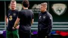 Republic of Ireland manager Stephen Kenny with assistant coaches Keith Andrews and Damien Duff during squad training at  FAI HQ in Abbotstown  in August 2020. Photograph: Ryan Byrne/Inpho