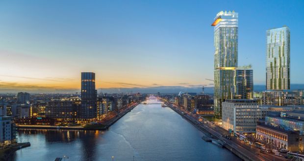 A computer-generated view of the proposed Waterfront South Central towers with the Capital Dock tower — currently Dublin’s tallest building — on the left. Photograph: Visual Labs 