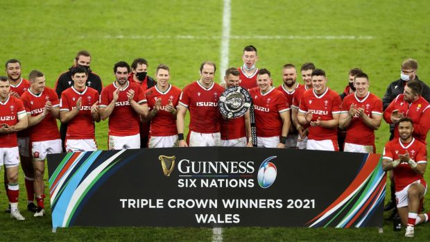 Wales celebrate winning the Triple Crown after their win over England. Photograph: David Davies/PA