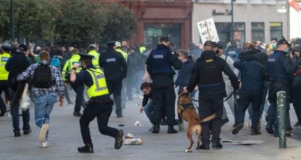 Protesters and gardaí clashed during an anti-lockdown demonstration in Dublin city centre on Saturday. Photograph: Damian Eagers/PA Wire