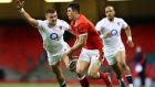 Louis Rees-Zammit of Wales knocks on  during the Six Nations match against England at the Principality Stadium. Photograph:  Michael Steele/Getty Images