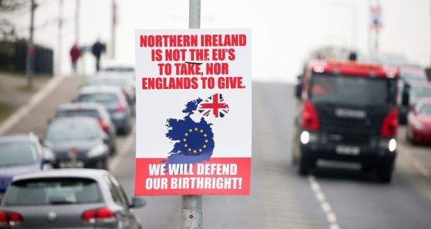 Anti-Northern Ireland protocol and sea border poster in Cookstown, Co Tyrone: The European Parliament ditched plans to set a date for the ratification of the post-Brexit trade deal with Britain.  Photograph: Jonathan Porter