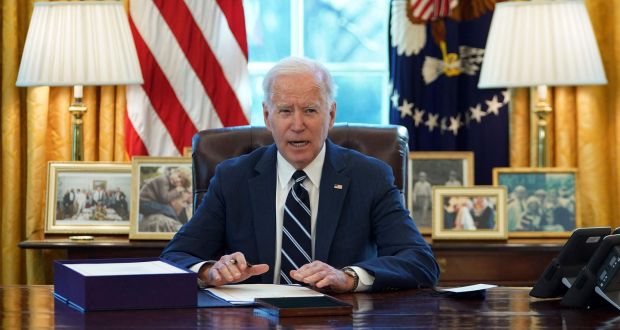  President Joe Biden:  The draft resolution states the reintroduction of “barriers, checkpoints or personnel on the island of Ireland”, including through the invocation of article 16, “would threaten the successes of the Good Friday [Belfast] Agreement”.  Photograph: Mandel Ngan