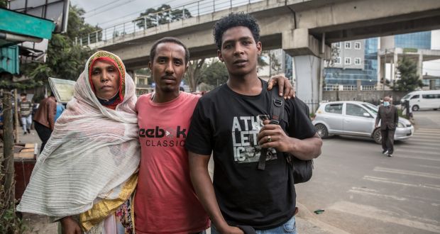 Witnesses Frezgi Ataklti, Salih Mohamed and Mohamed’s mother outside Addis Ababa federal court after they gave evidence against the alleged smuggler Tewelde Goitom. Photograph: Sally Hayden