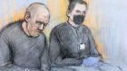 Court artist sketch of serving police constable Wayne Couzens (left), appearing in the dock at Westminster Magistrates’ Court, in London where he is charged with murder and kidnapping of Sarah Everard. Photograph: Elizabeth Cook/PA Wire