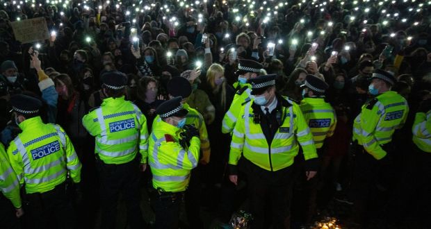 People attend a vigil by a band stand in Clapham Common, London, after the Reclaim These Streets vigil for Sarah Everard was officially cancelled in London, Britain, March 13th, 2021. Photograph: Joshua Bratt/EPA