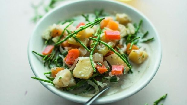 The Happy Pear Salicornia, Cider and Vegetable Chowder.