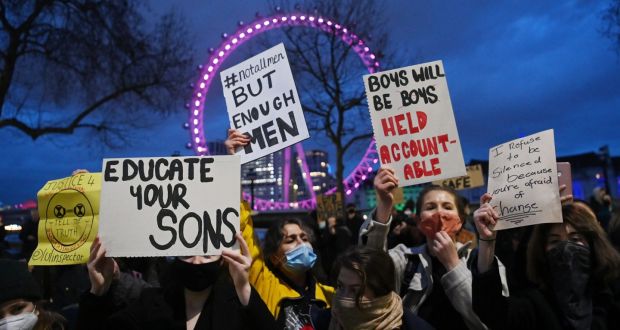 Protesters near Parliament Square in London on Monday following the murder of Sarah Everard. Photograph: Neil Hall/EPA