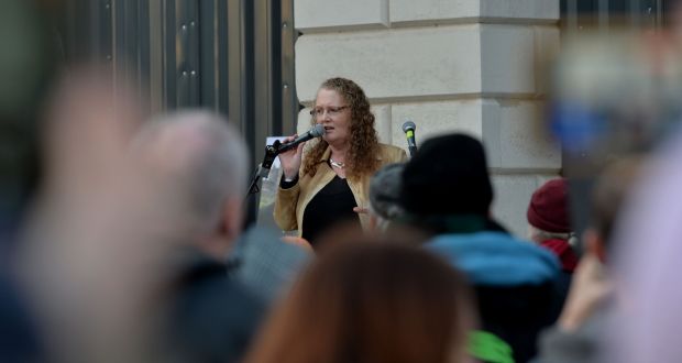 Prof Dolores Cahill at the Irish Freedom Rally at the Customs House last November. Earlier this week she promoted a St Patrick’s Day gathering in Dublin’s Herbert Park, breaching Covid-19 rules