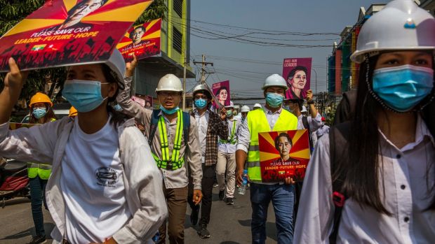 Medical students, doctors and engineers join a protest against the military coup in Mandalay. Photograph: The New York Times