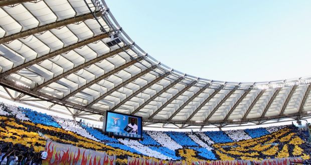  A general view of Lazio fans during the Rome derby against Roma at the  Stadio Olimpico. Photograph: Paolo Bruno/Getty Images